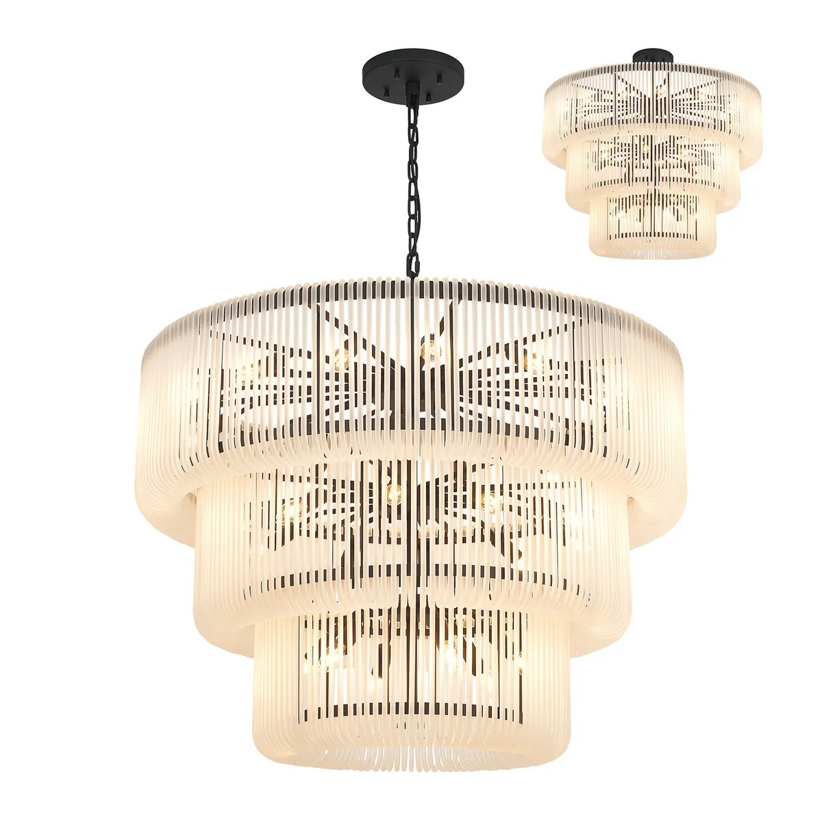Jevington 1000mm Three Tier Pendant or Semi Flush in Black with Frosted Glass