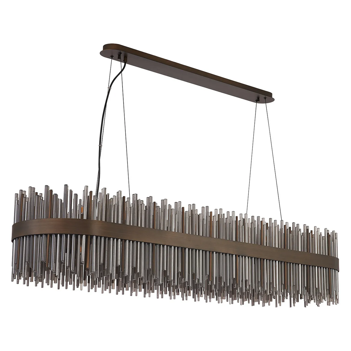 Rectangular chandelier with bronze frame and hanging glass rods