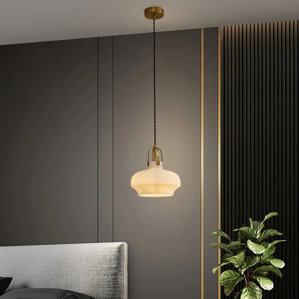 Bedlington Single Drop Pendant in Aged Brass with Opal Glass Shade