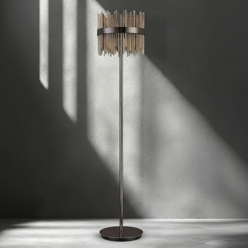 Eckington Floor Lamp in Black Chrome with Cognac Glass Rods