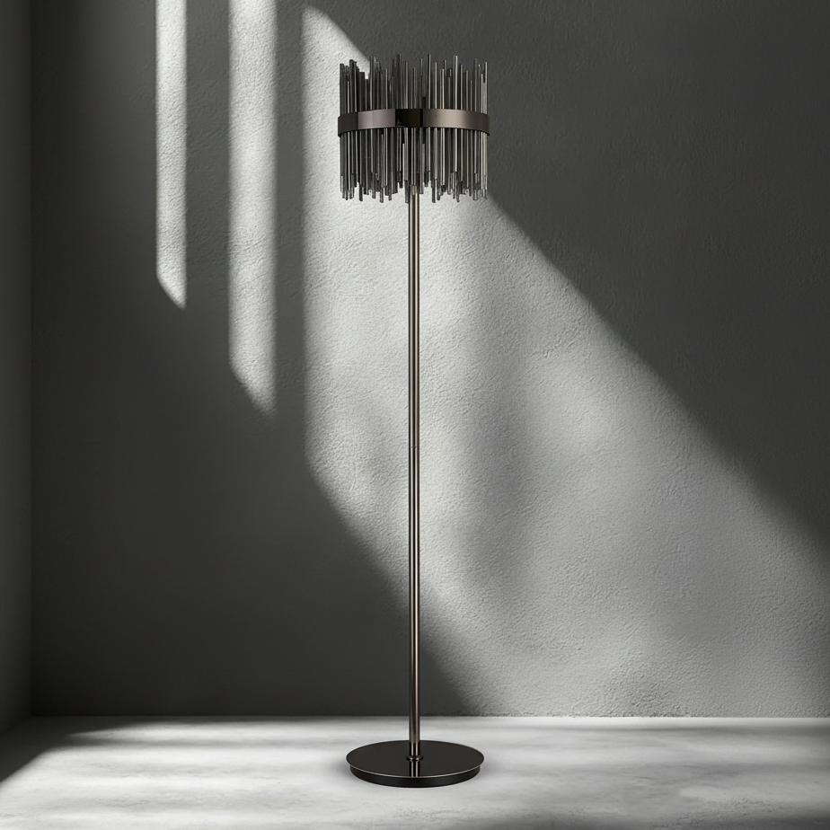 Eckington Floor Lamp in Black Chrome with Smoked Glass Rods