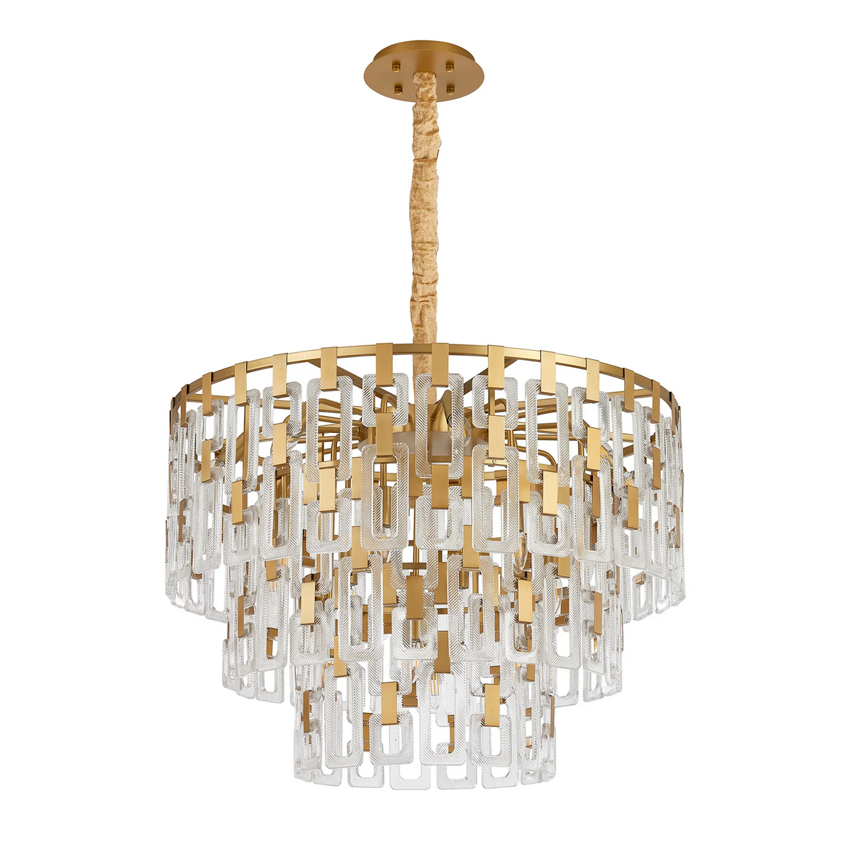 Heptonstall 840mm Three Tier Round Pendant in Matt Gold with Clear Glass