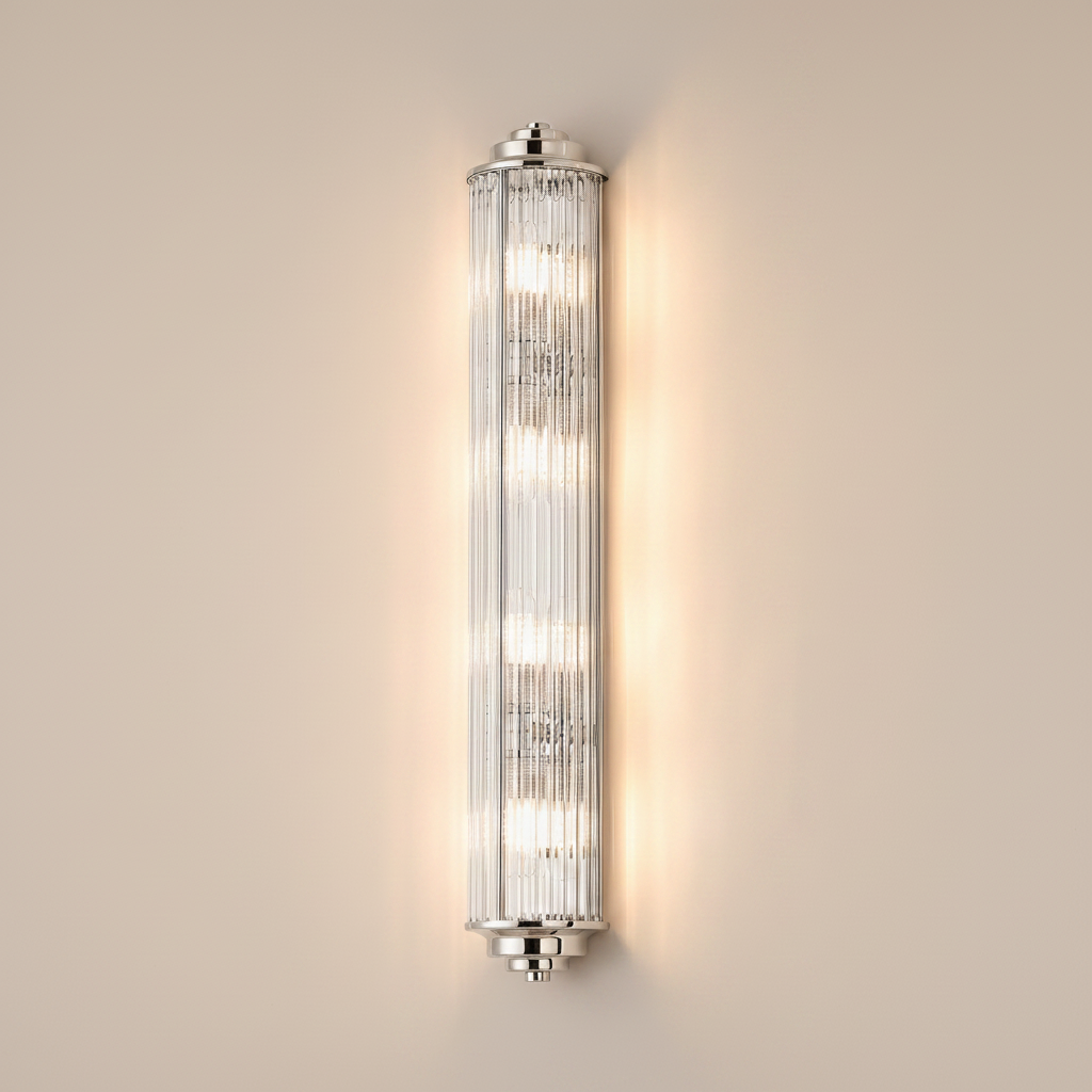Polished nickel wall light with fluted glass shade