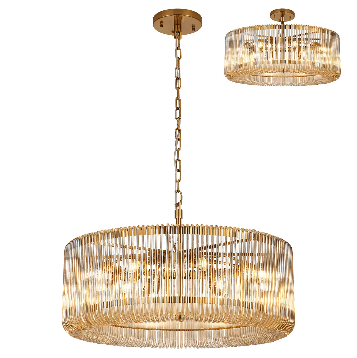 Jevington 780mm Pendant or Semi Flush in Brass with Smoke Brown Glass