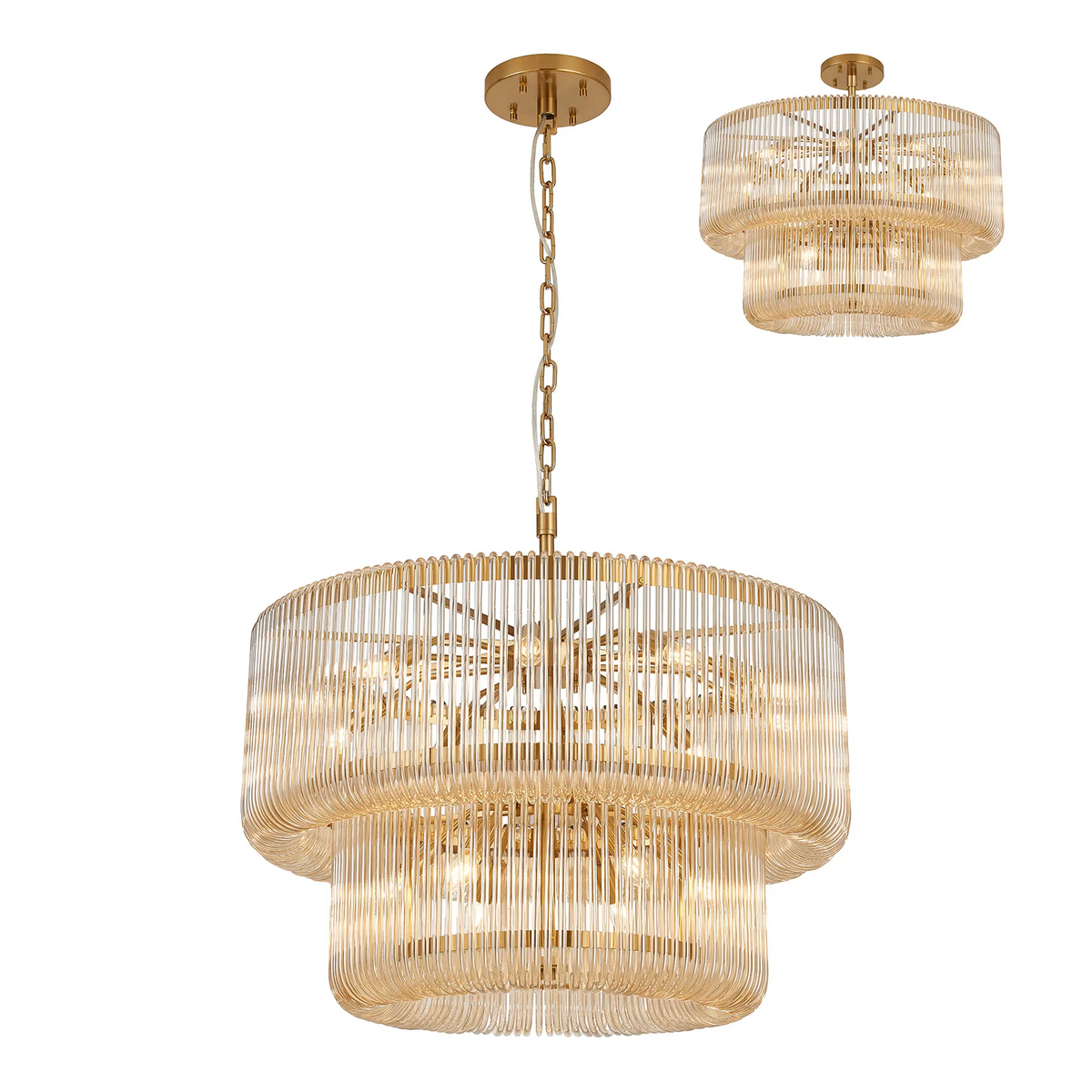 Jevington 780mm Two Tier Pendant or Semi Flush in Brass with Smoke Brown Glass