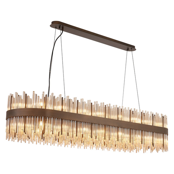Rectangular chandelier with bronze frame and clear glass rods, illuminated