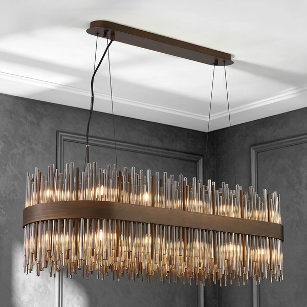 Rectangular chandelier with bronze frame and vertical glass rods