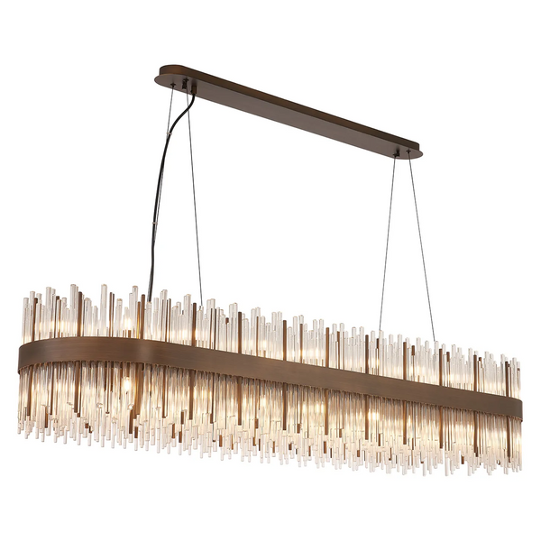 Rectangular chandelier with bronze frame and clear glass rods