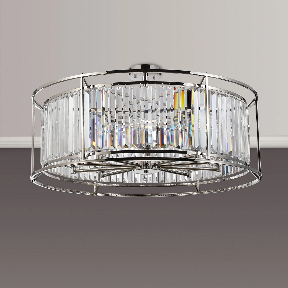 Round crystal chandelier with chrome frame