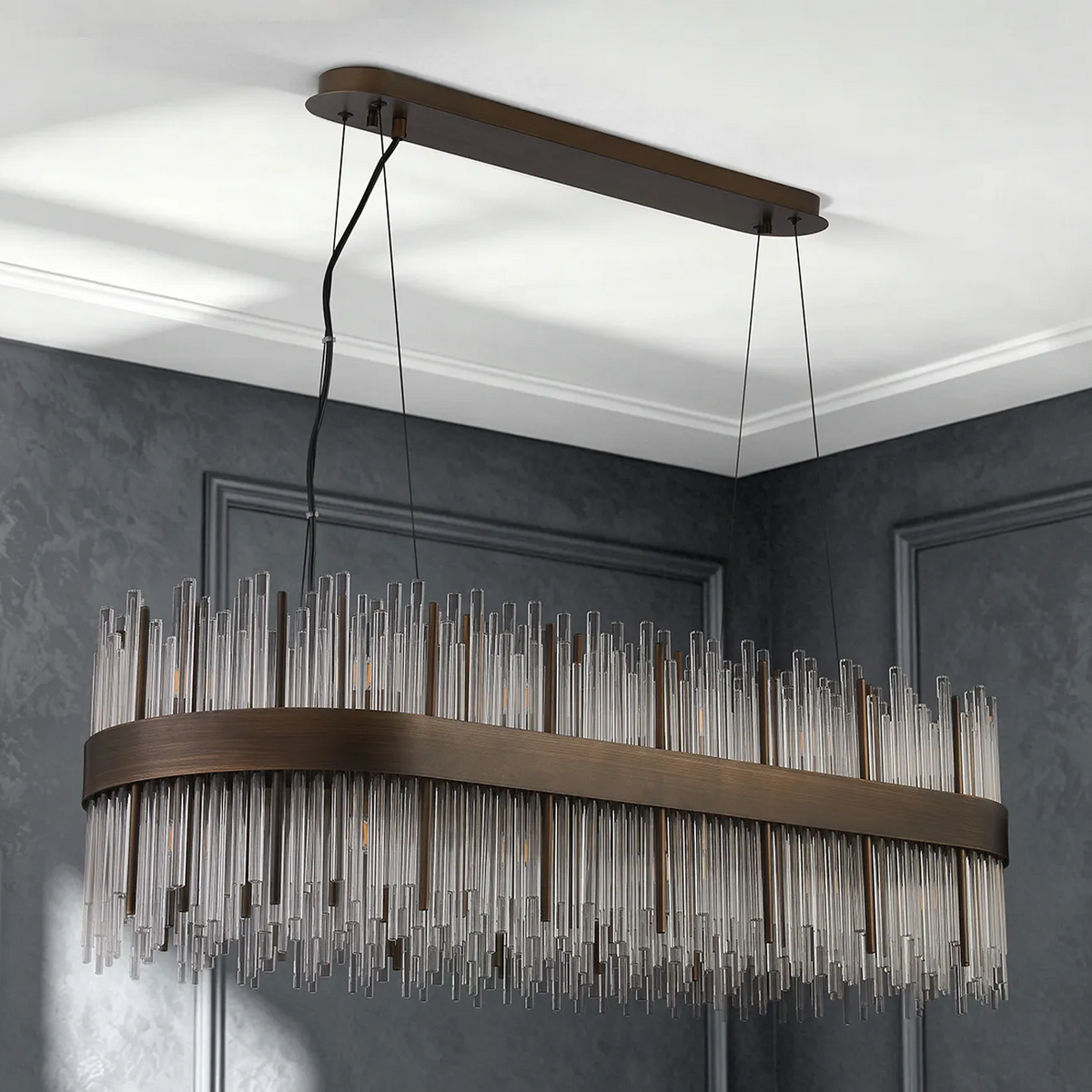 Rectangular chandelier with bronze frame and clear glass rods