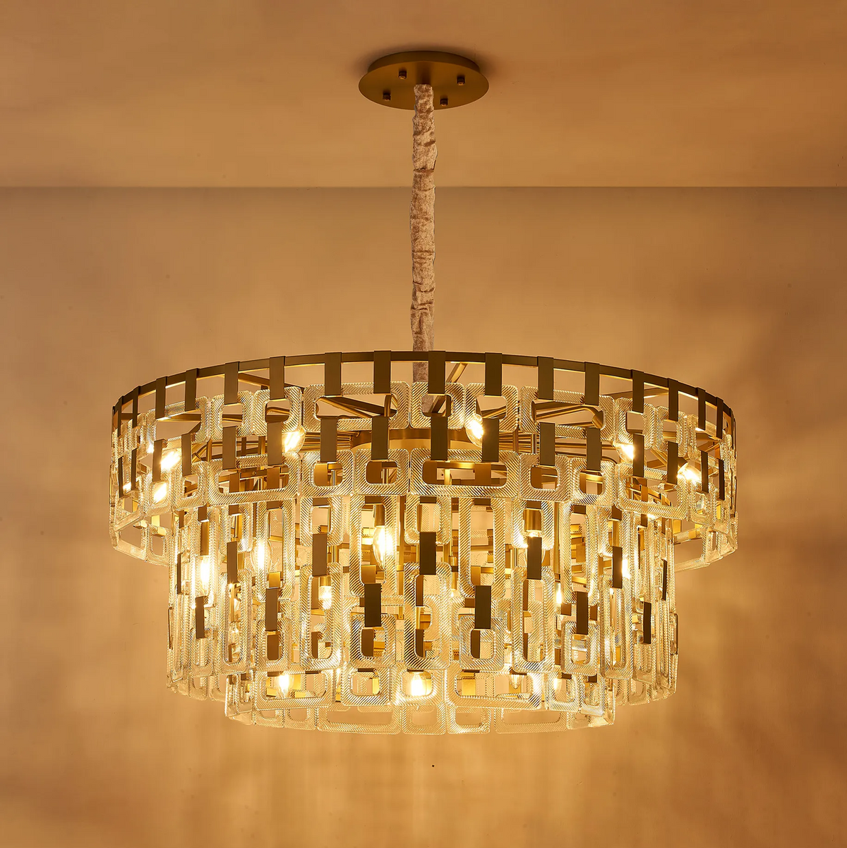 Heptonstall 1000mm Three Tier Round Pendant in Matt Gold with Clear Glass