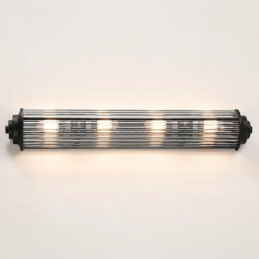 Black and clear glass vanity light with four bulbs