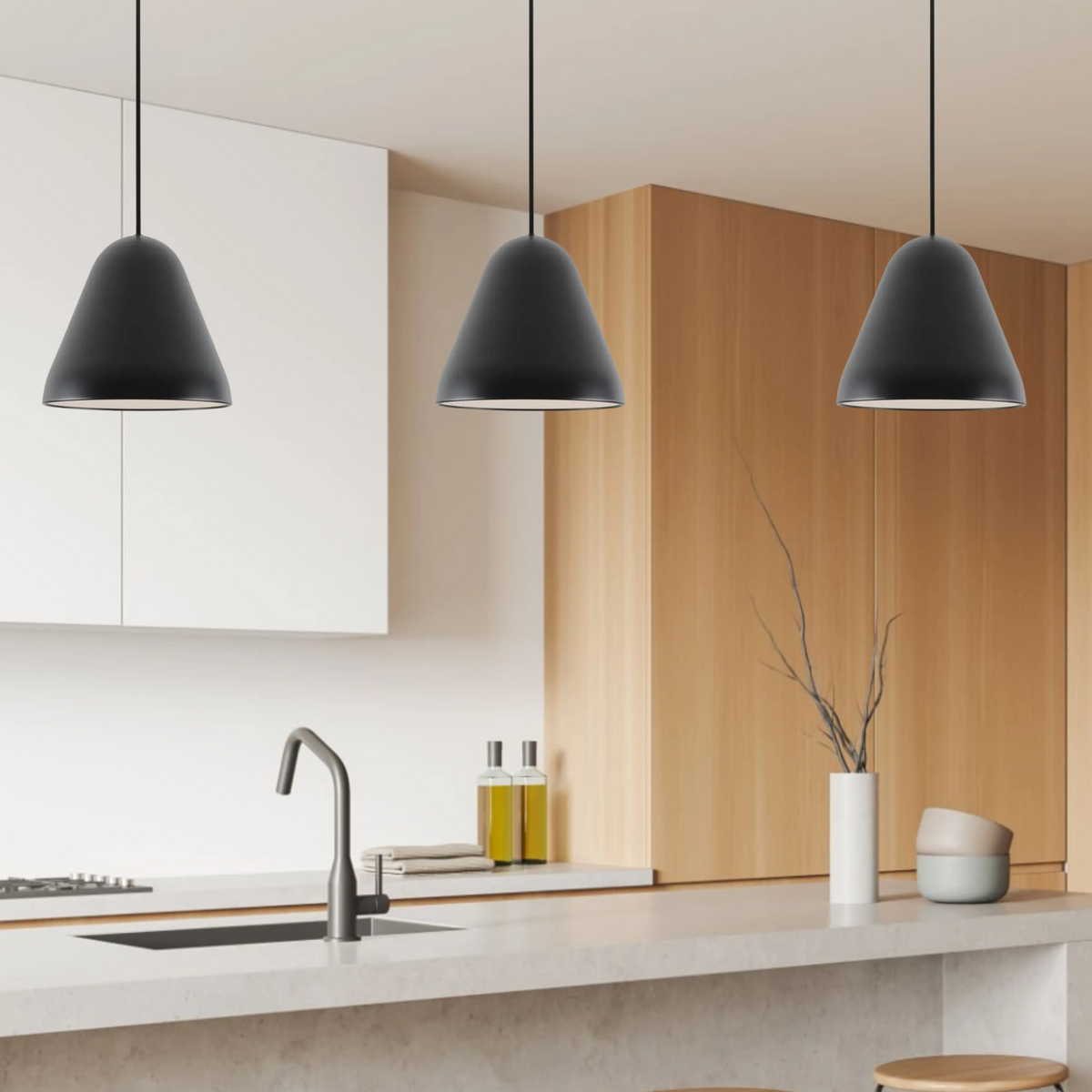 Tudeley 220mm Single Drop Pendant in Matt Black