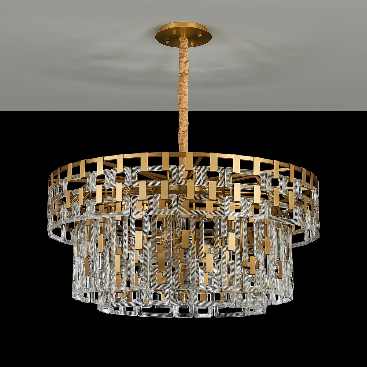 Heptonstall 1000mm Three Tier Round Pendant in Matt Gold with Clear Glass