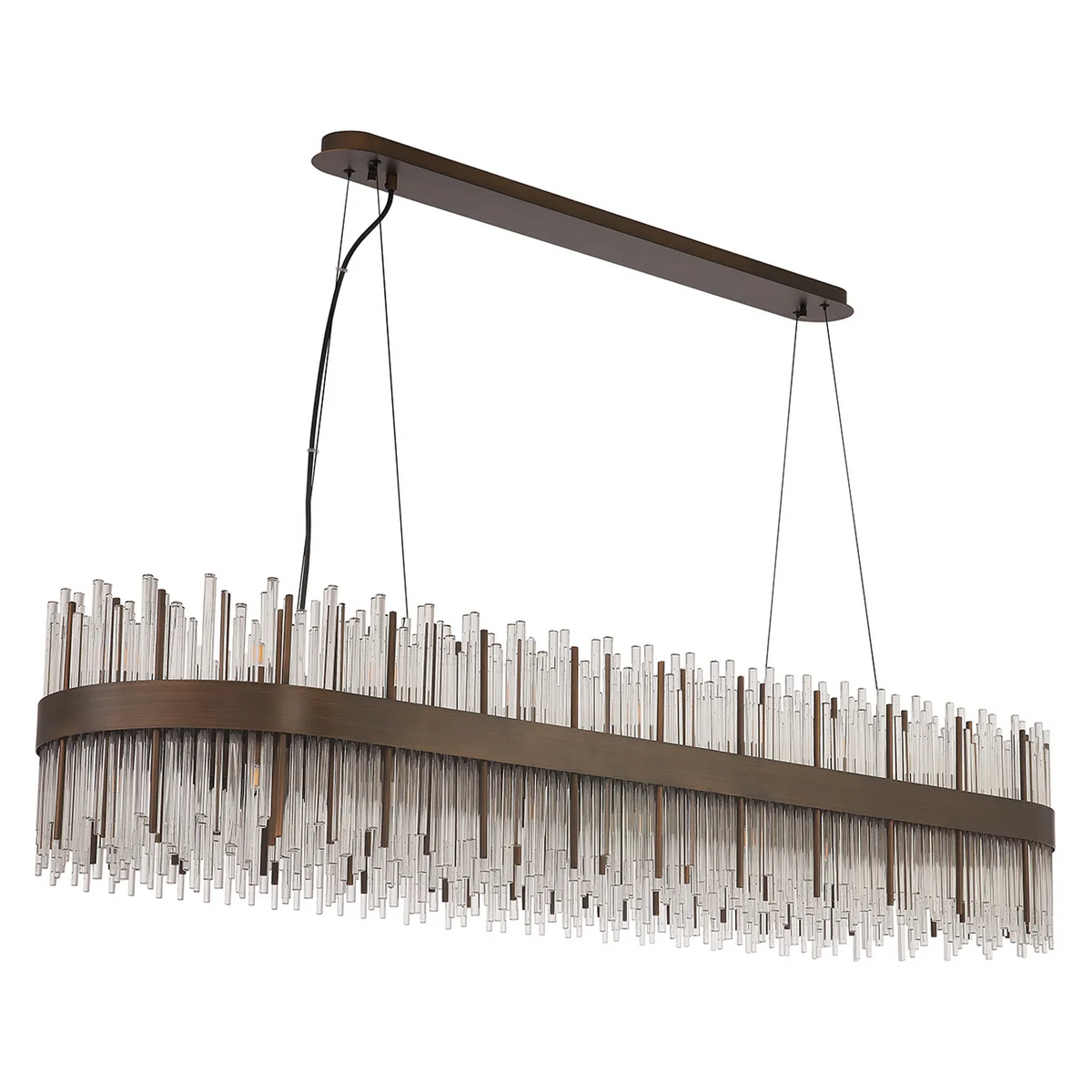 Rectangular chandelier with bronze frame and clear glass rods