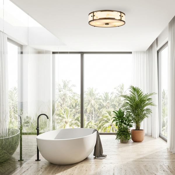 Scarva IP44 400mm Round Ceiling Light in Bronze with Brown Faux Alabaster