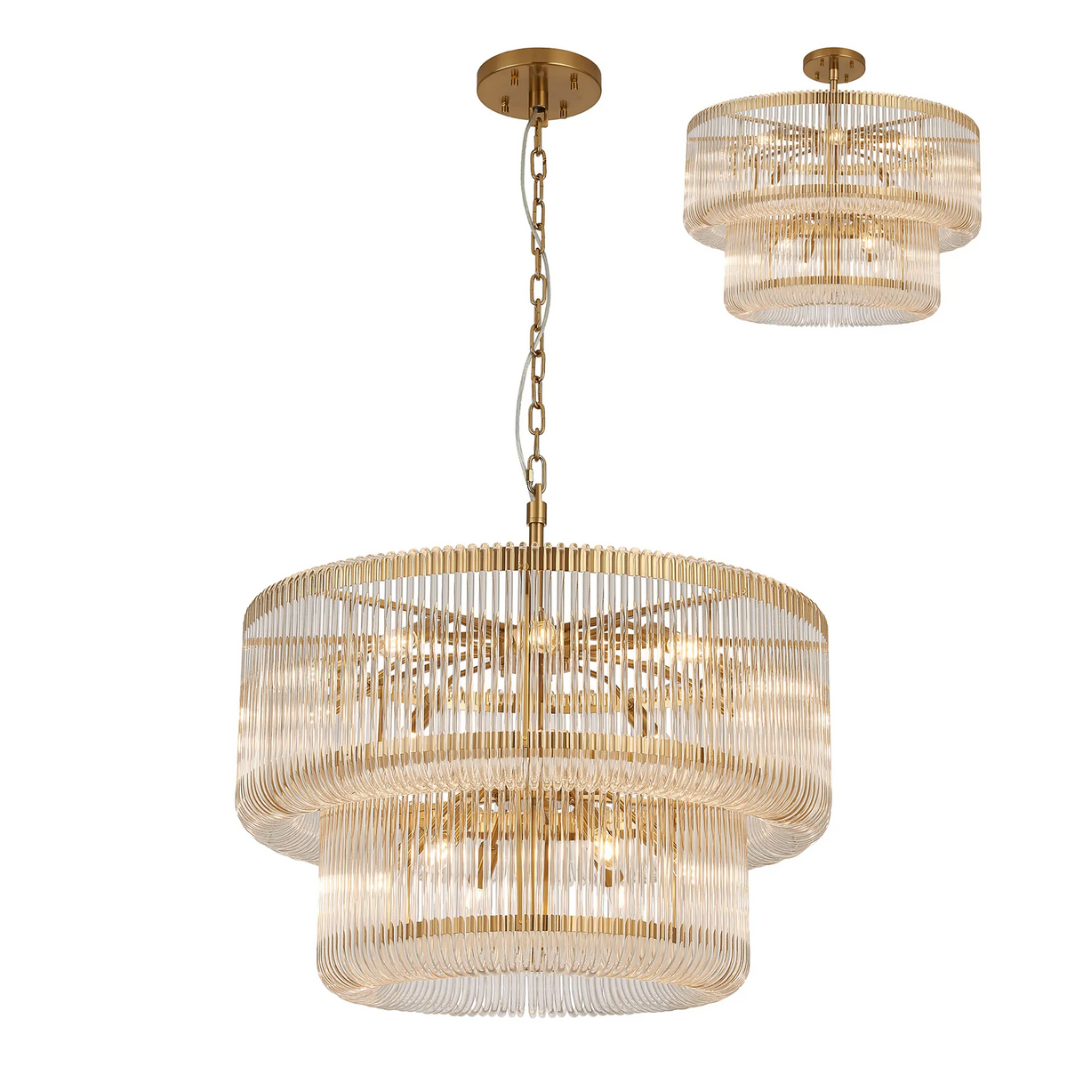 Jevington 780mm Two Tier Pendant or Semi Flush in Brass with Clear Glass