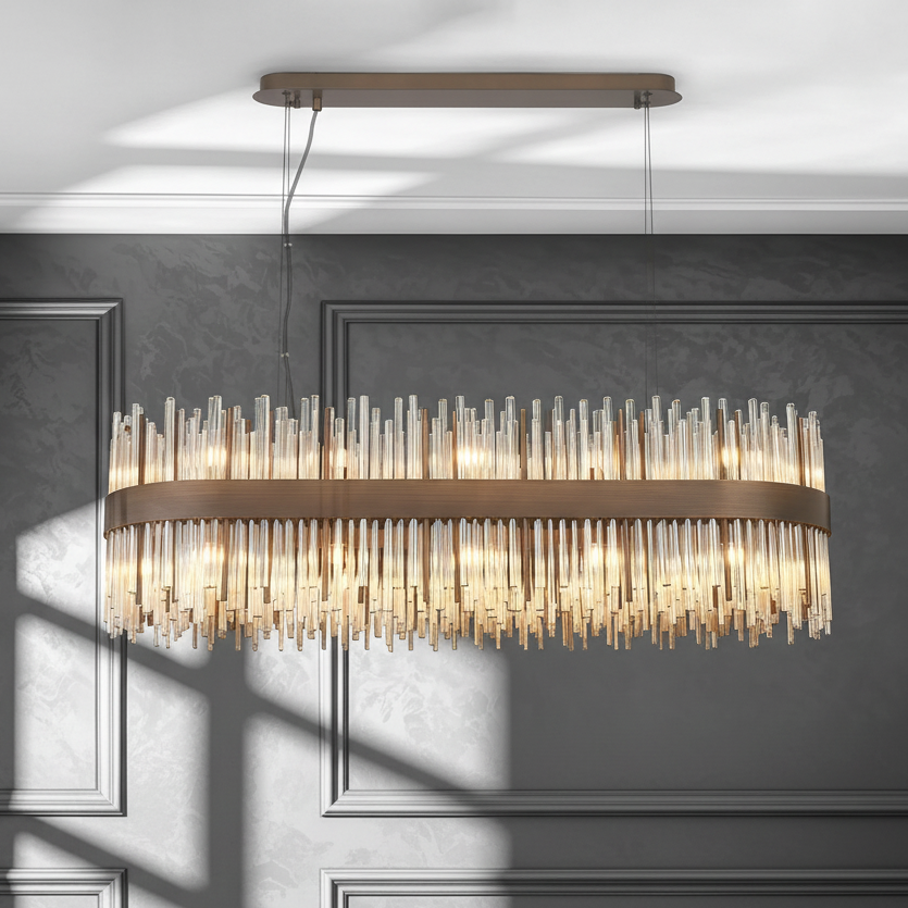 Rectangular chandelier with bronze frame and clear glass rods