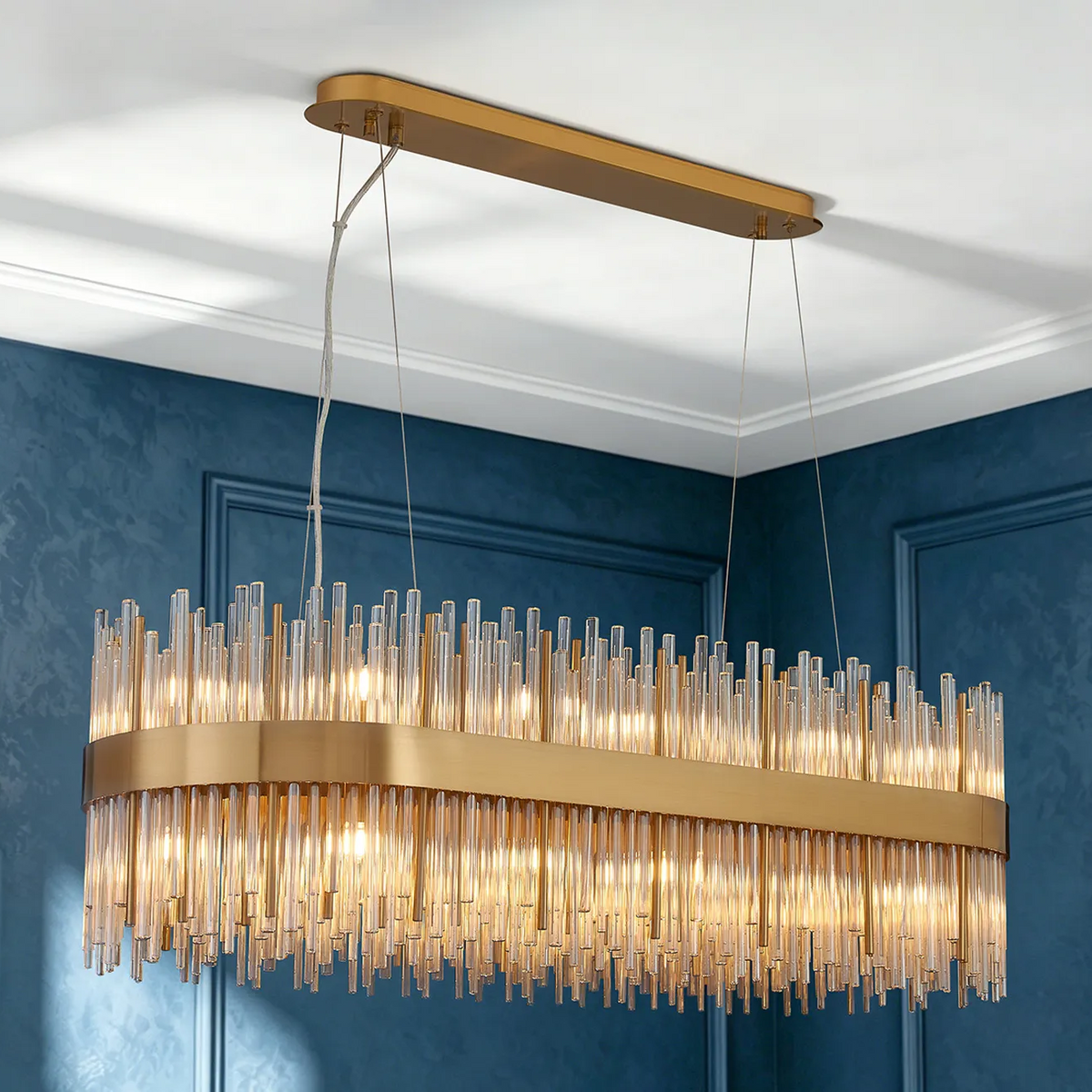 Rectangular chandelier with gold frame and clear glass rods