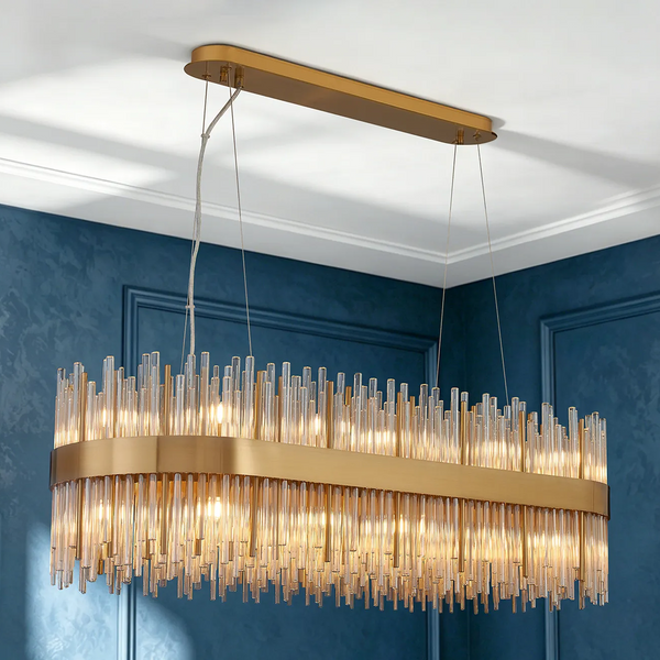 Rectangular chandelier with gold frame and clear glass rods