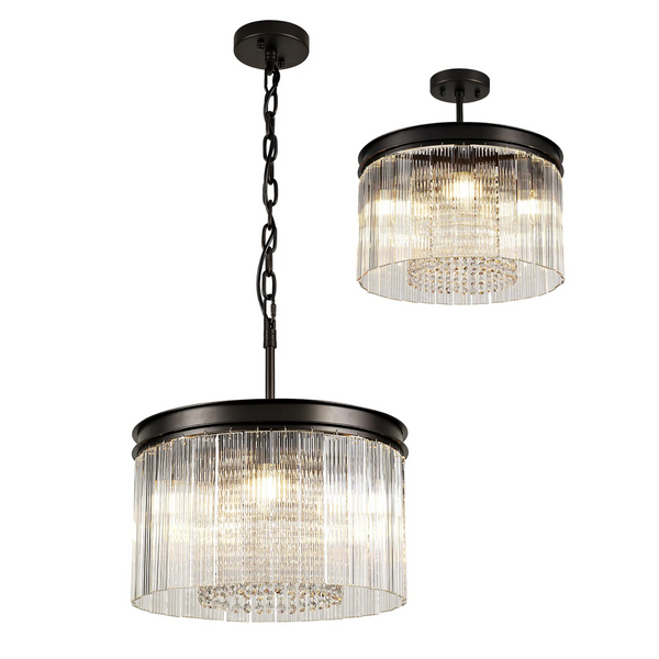 Beesands 400mm Pendant or Semi Flush in Brown Oxide with Clear Fluted Glass and Crystals