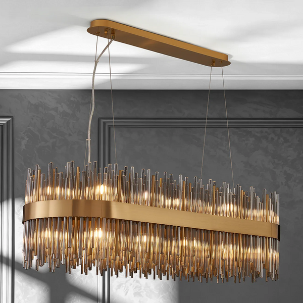 Rectangular chandelier with gold frame and vertical glass rods
