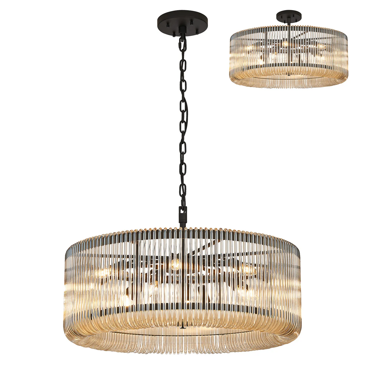 Jevington 780mm Pendant or Semi Flush in Black with Smoke Brown Glass