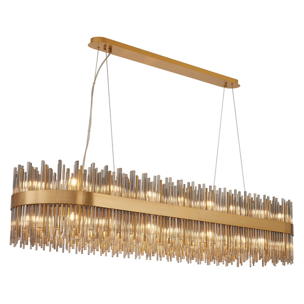 Rectangular chandelier with a gold frame and multiple clear glass rods