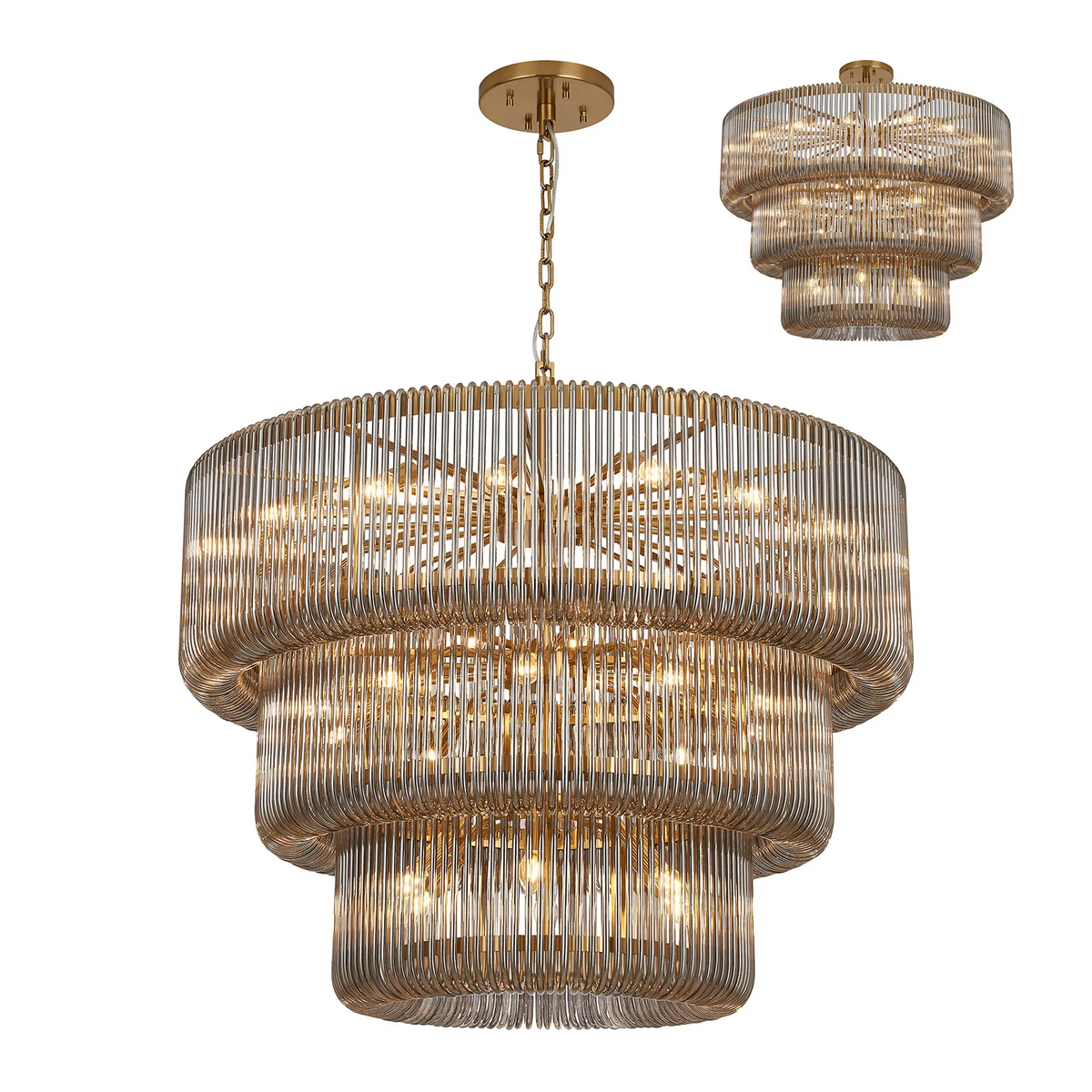 Jevington 1000mm Three Tier Pendant or Semi Flush in Brass with Smoked Glass