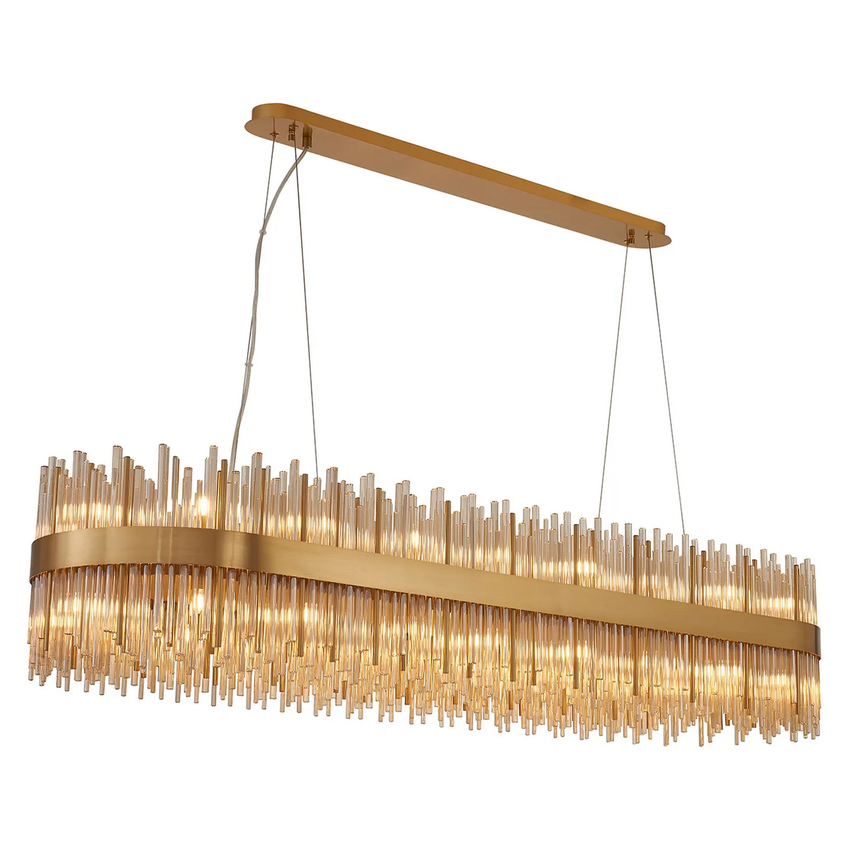 Rectangular chandelier with gold frame and vertical glass rods