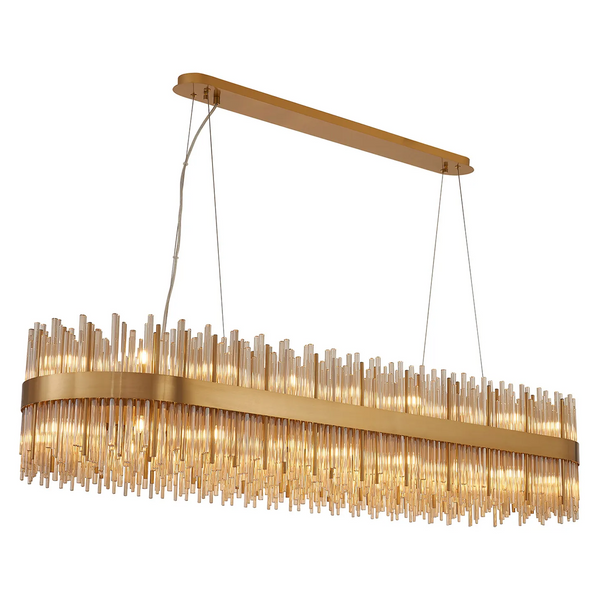 Rectangular chandelier with gold frame and vertical glass rods