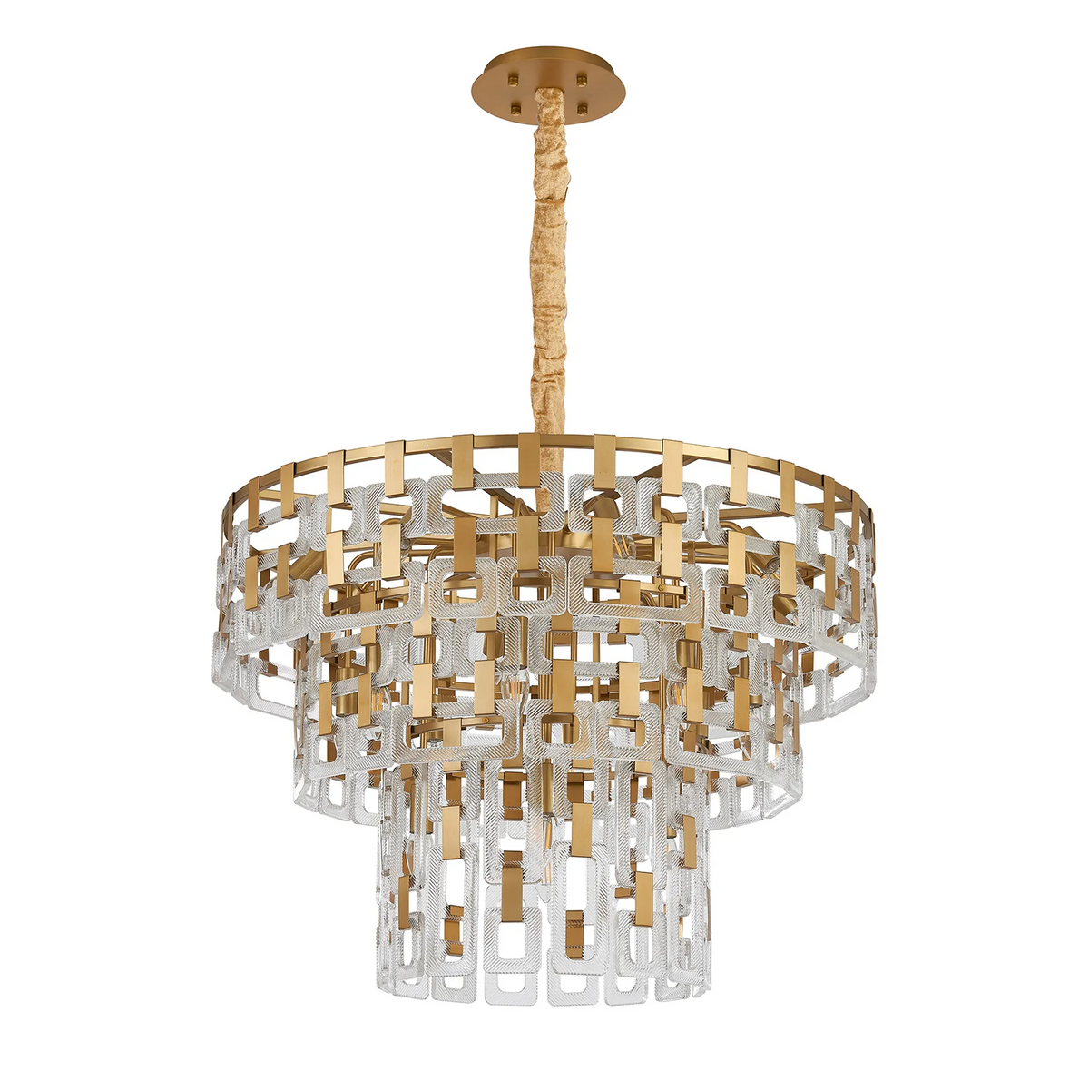 Heptonstall 840mm Three Tier Round Pendant in Matt Gold with Clear Glass