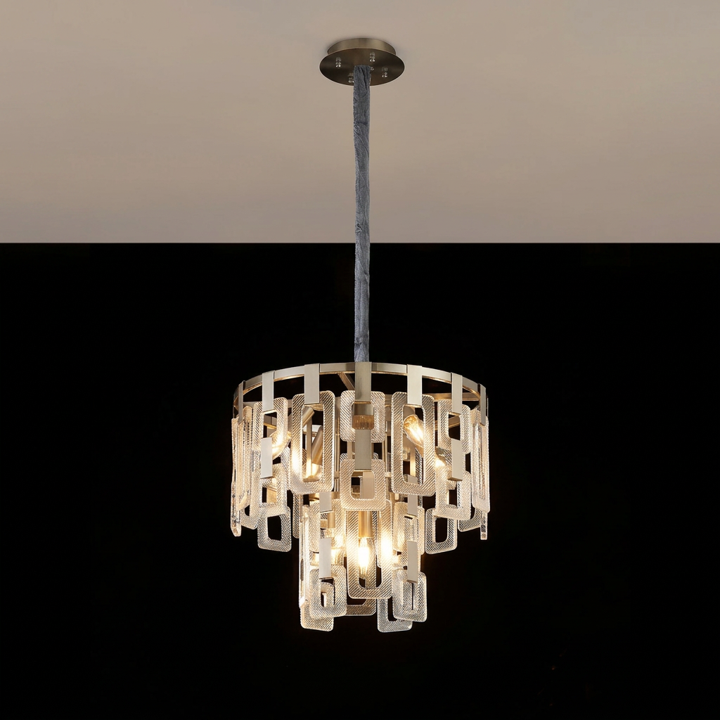 Heptonstall 410mm Two Tier Round Pendant in Satin Nickel with Clear Glass