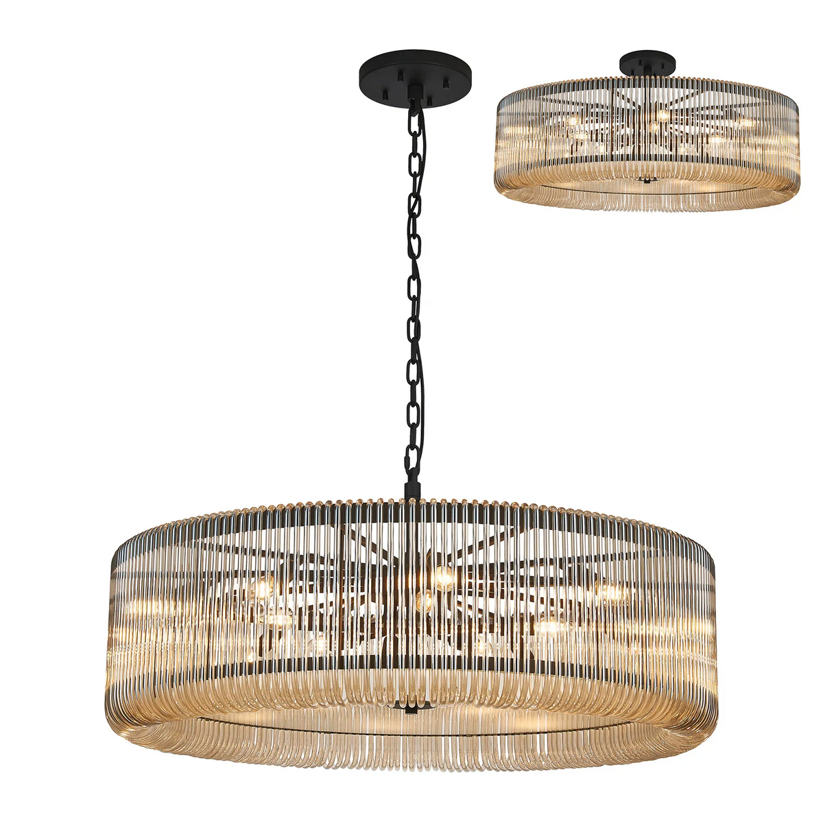 Jevington 1000mm Pendant or Semi Flush in Black with Smoke Brown Glass