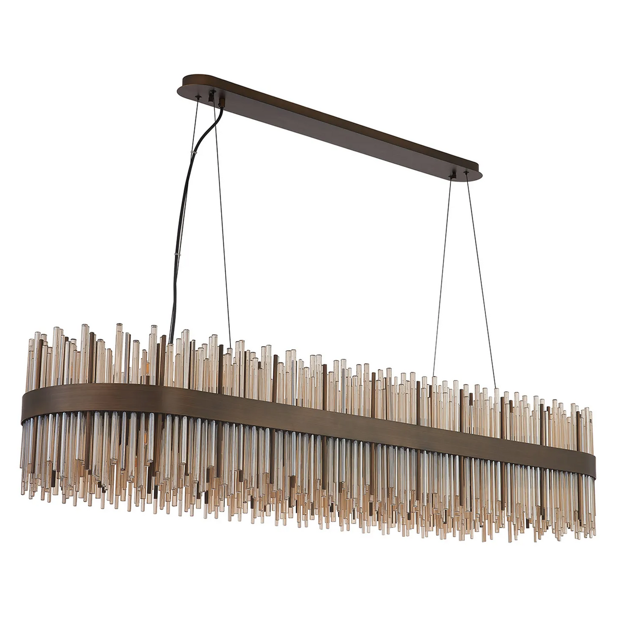 Rectangular chandelier with bronze frame and numerous amber glass rods hanging below