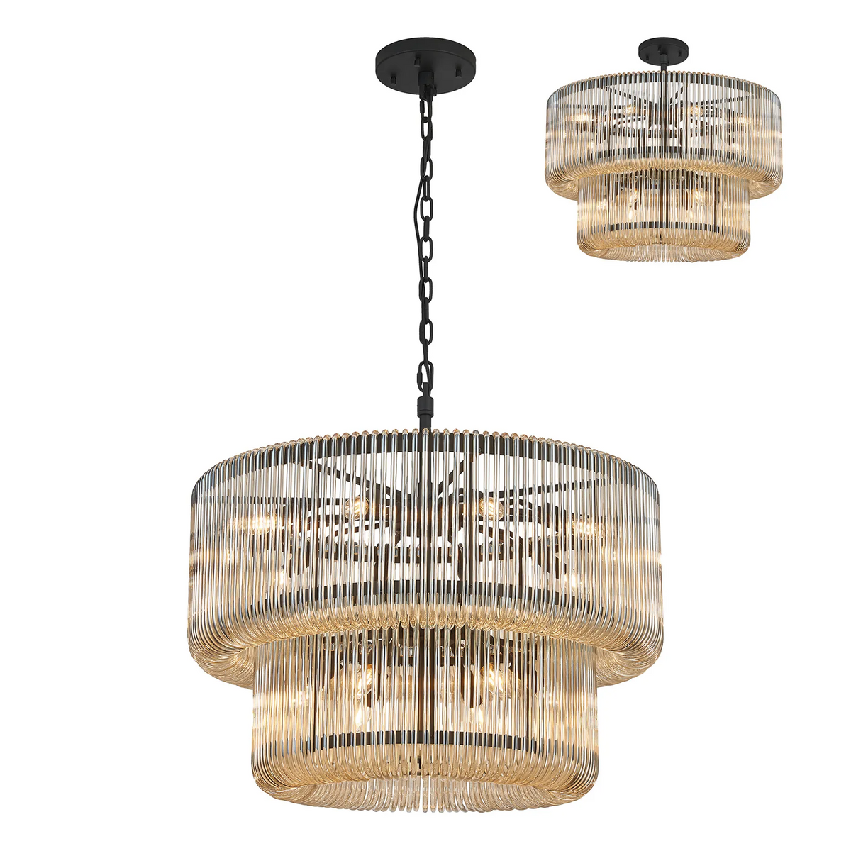 Jevington 780mm Two Tier Pendant or Semi Flush in Black with Smoke Brown Glass