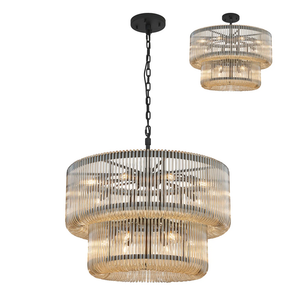 Jevington 780mm Two Tier Pendant or Semi Flush in Black with Smoke Brown Glass
