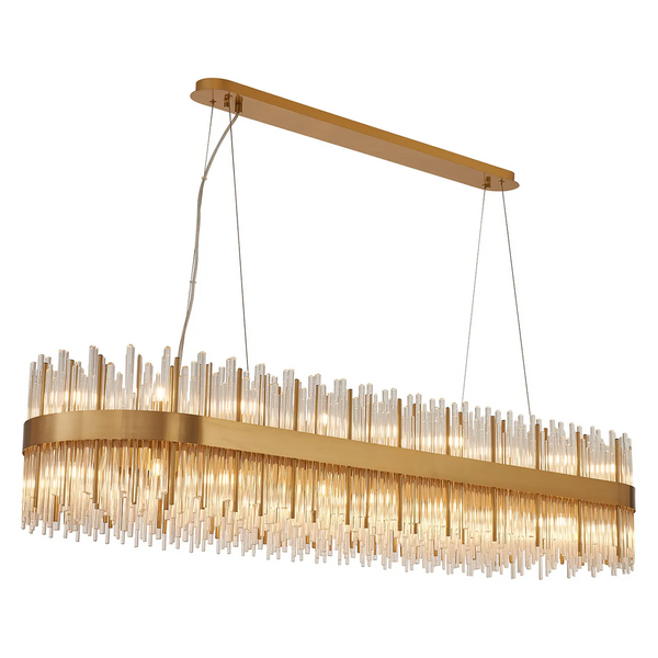 Rectangular chandelier with gold frame and clear glass rods