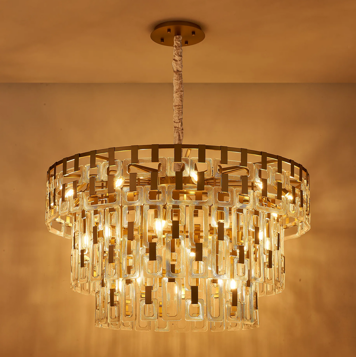Heptonstall 1000mm Three Tier Round Pendant in Matt Gold with Clear Glass