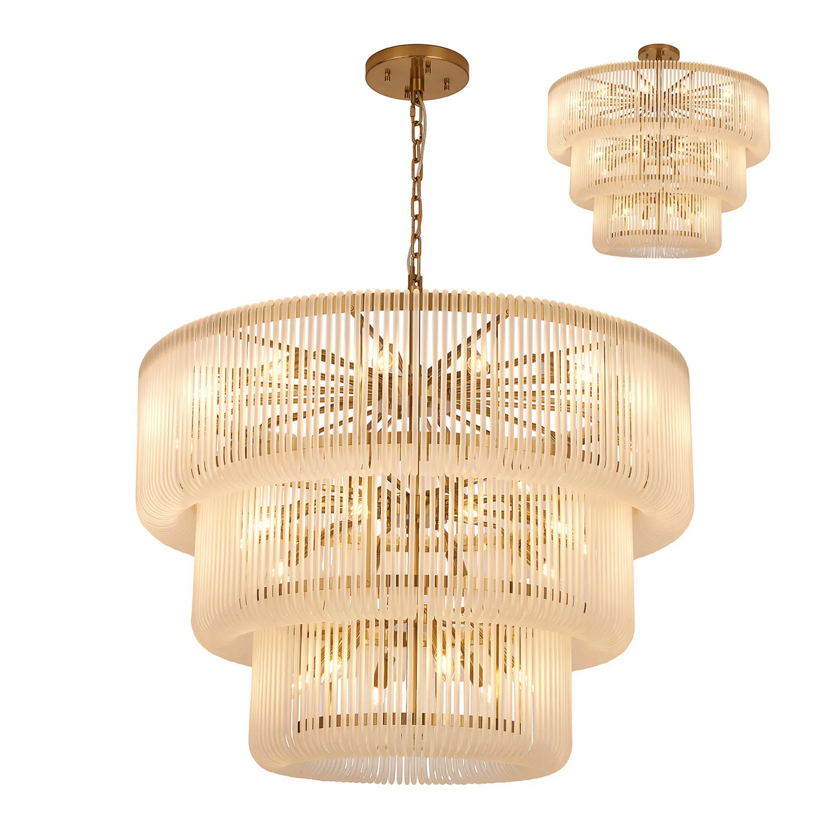 Jevington 1000mm Three Tier Pendant or Semi Flush in Brass with Frosted Glass