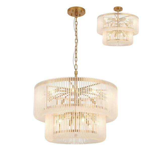 Jevington 780mm Two Tier Pendant or Semi Flush in Brass with Frosted Glass