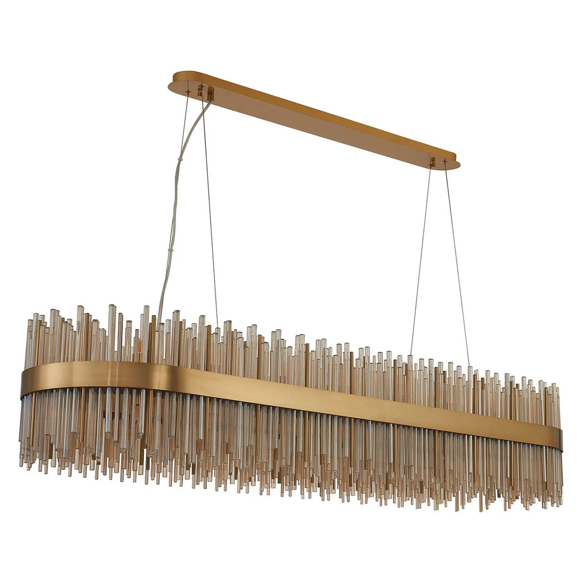 Rectangular chandelier with gold frame and amber glass rods