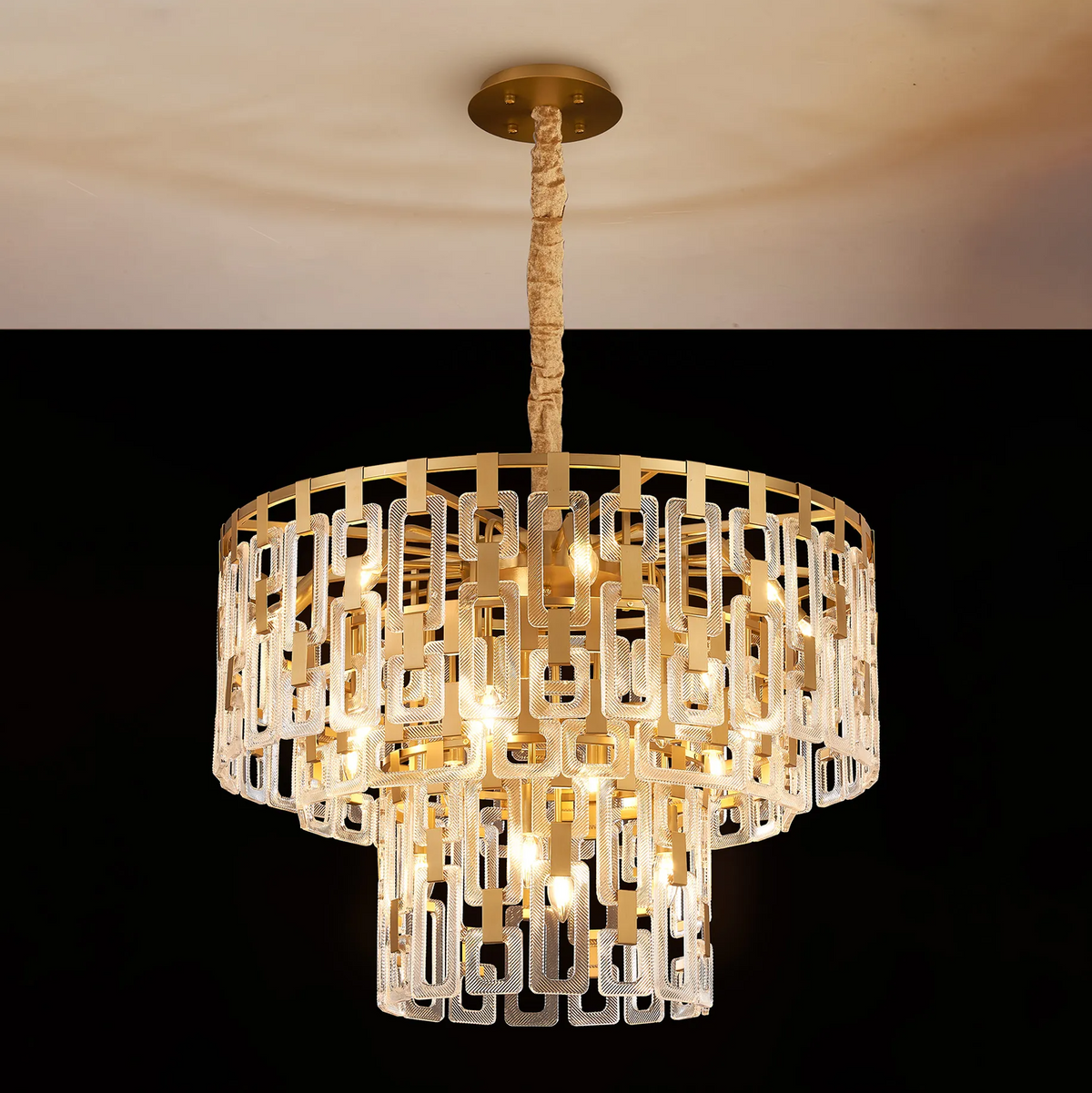 Heptonstall 840mm Three Tier Round Pendant in Matt Gold with Clear Glass