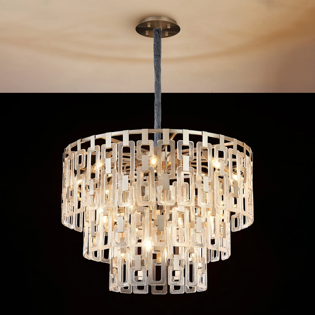 Heptonstall 840mm Three Tier Round Pendant in Satin Nickel with Clear Glass