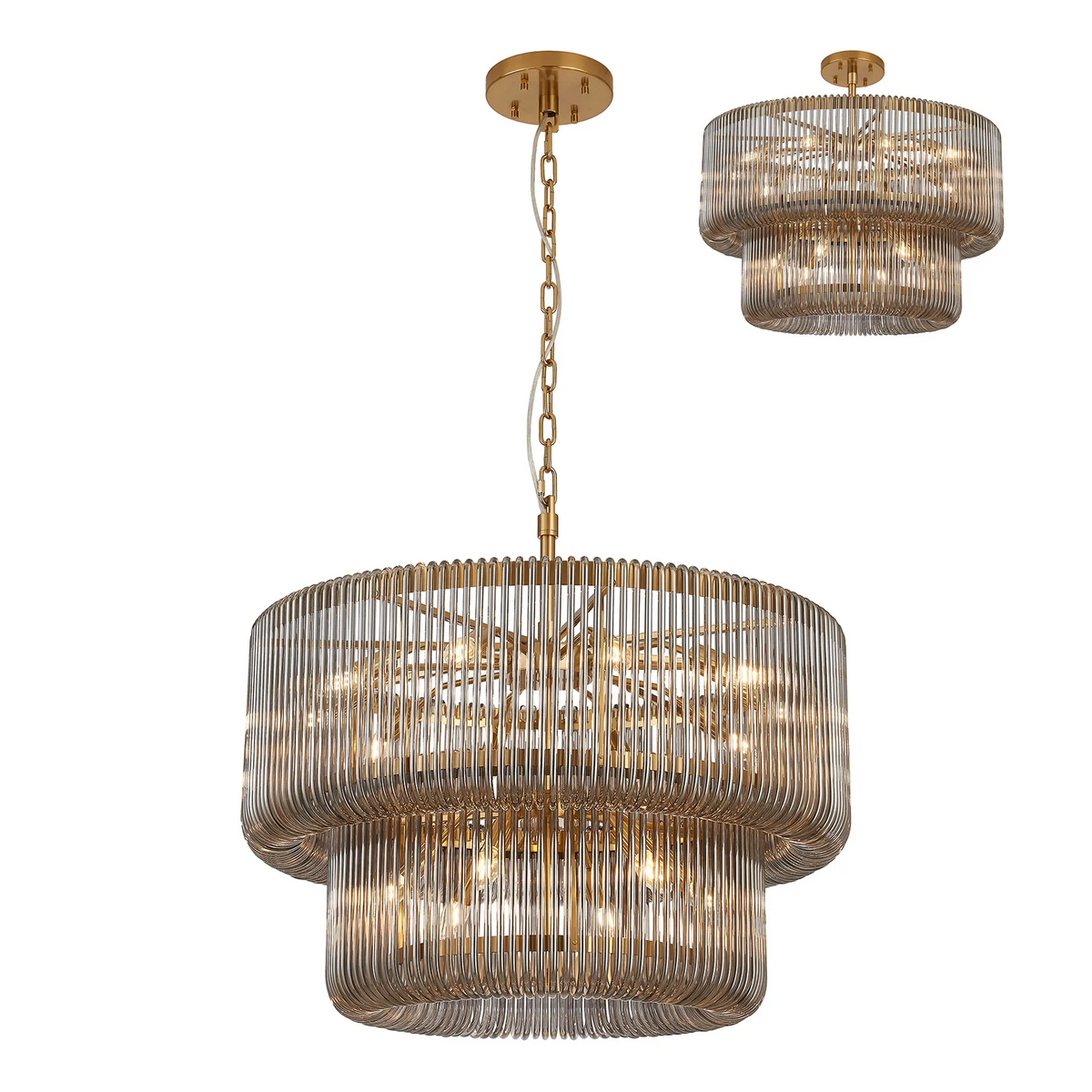 Jevington 780mm Two Tier Pendant or Semi Flush in Brass with Smoked Glass