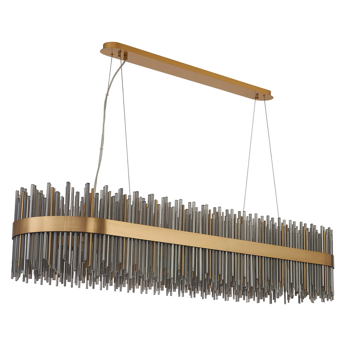 Rectangular chandelier with a gold frame and clear and gold glass rods