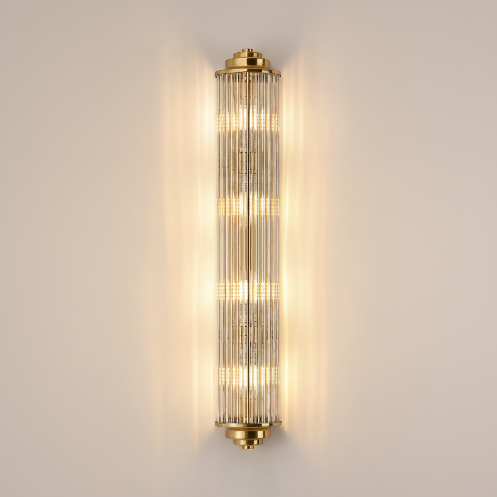 Vertical brass and glass wall sconce with illuminated interior