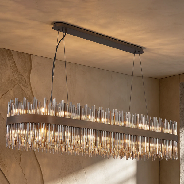 Rectangular chandelier with bronze frame and vertical glass rods