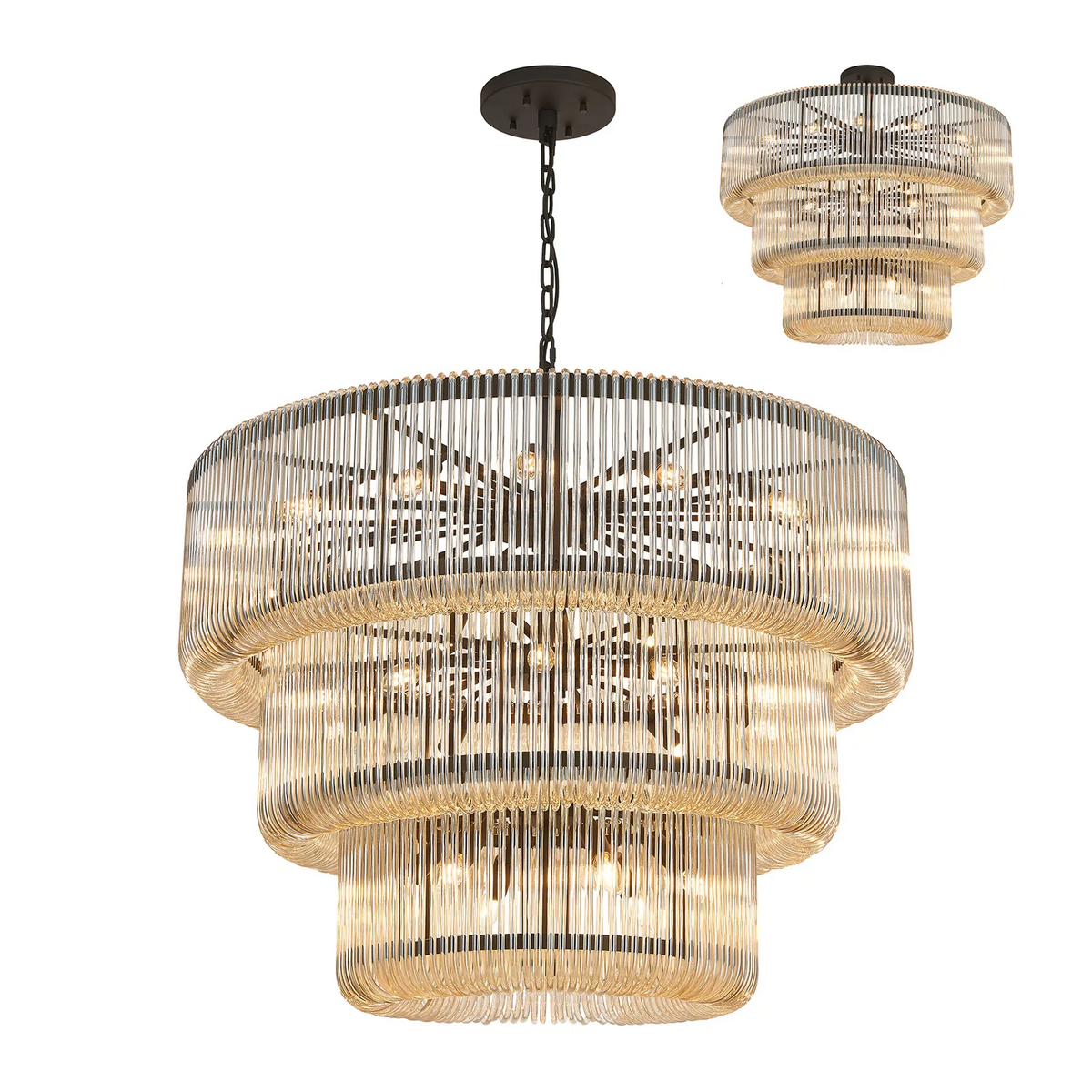 Jevington 1000mm Three Tier Pendant or Semi Flush in Black with Smoke Brown Glass
