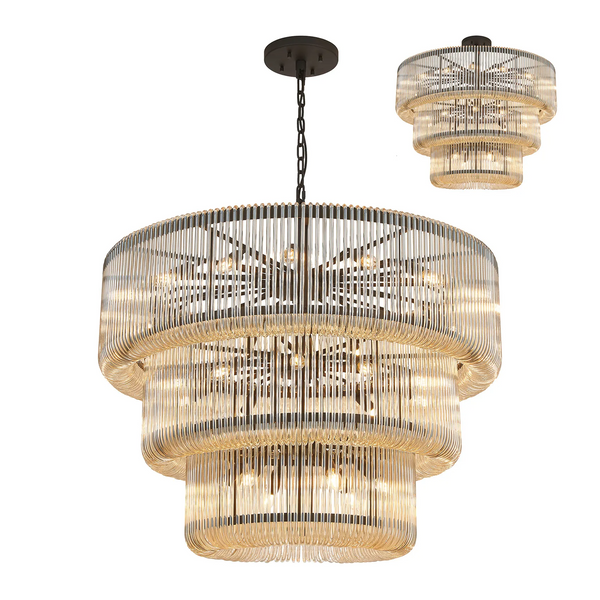 Jevington 1000mm Three Tier Pendant or Semi Flush in Black with Smoke Brown Glass